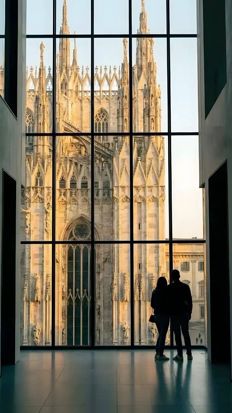 Casal de costas diante de uma grande janela de vidro com caixilhos pretos, olhando a fachada gótica da catedral de Milão ao entardecer